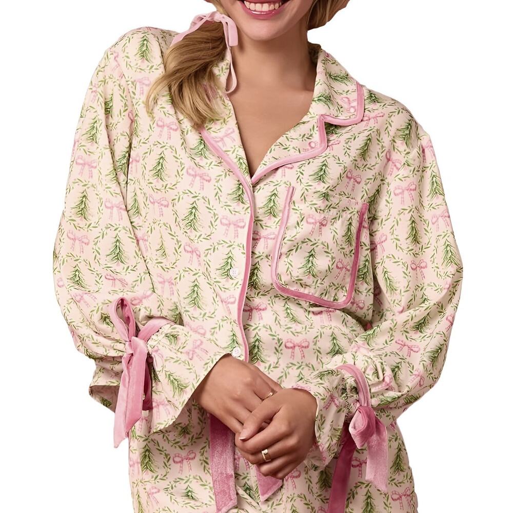 Womens Christmas Holiday Satin‎ Christmas Tree Bow Tie Sleeve Pajama Top Size M